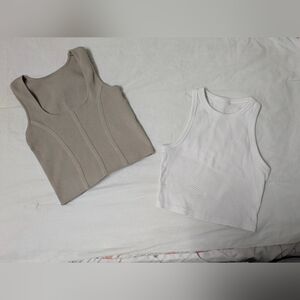Women's Beige and White Cropped Tank Tops